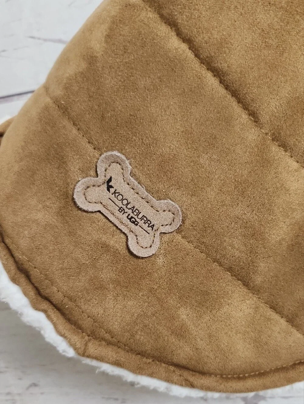 Koolaburra Tan Quilted Dog Coat with White Sherpa Trim